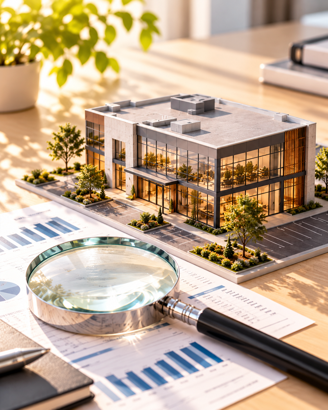 Commercial property valuation concept featuring an office building model, magnifying glass, and financial market analysis reports.